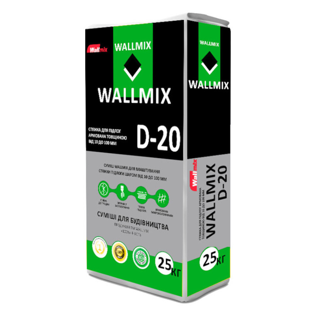 Wallmix D-20 Стяжка армированная для пола, 10-100 мм, 25 кг